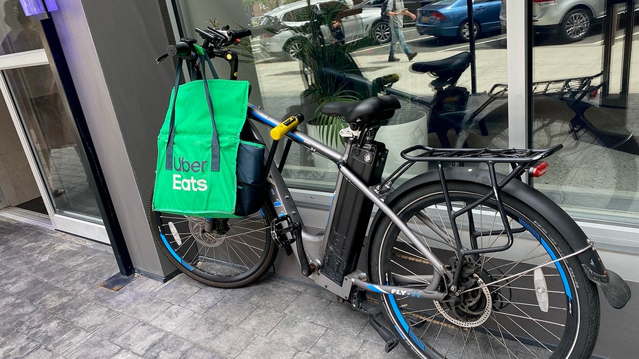 Uber Eats bag on a bicycle