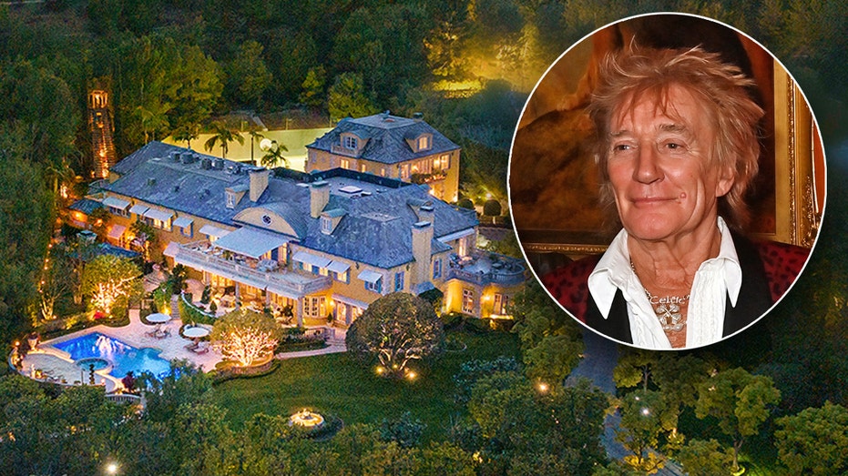 Rod Stewart wears leopard print blazer next to his massive Beverly Hills mansion